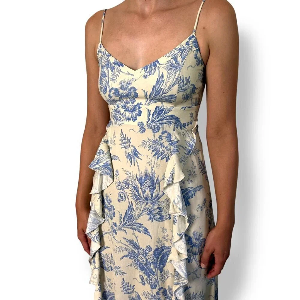 Chaser Maxi Dress Blue Cream Toile Ruffle Lace Up Back Sz XS Victorian Garden